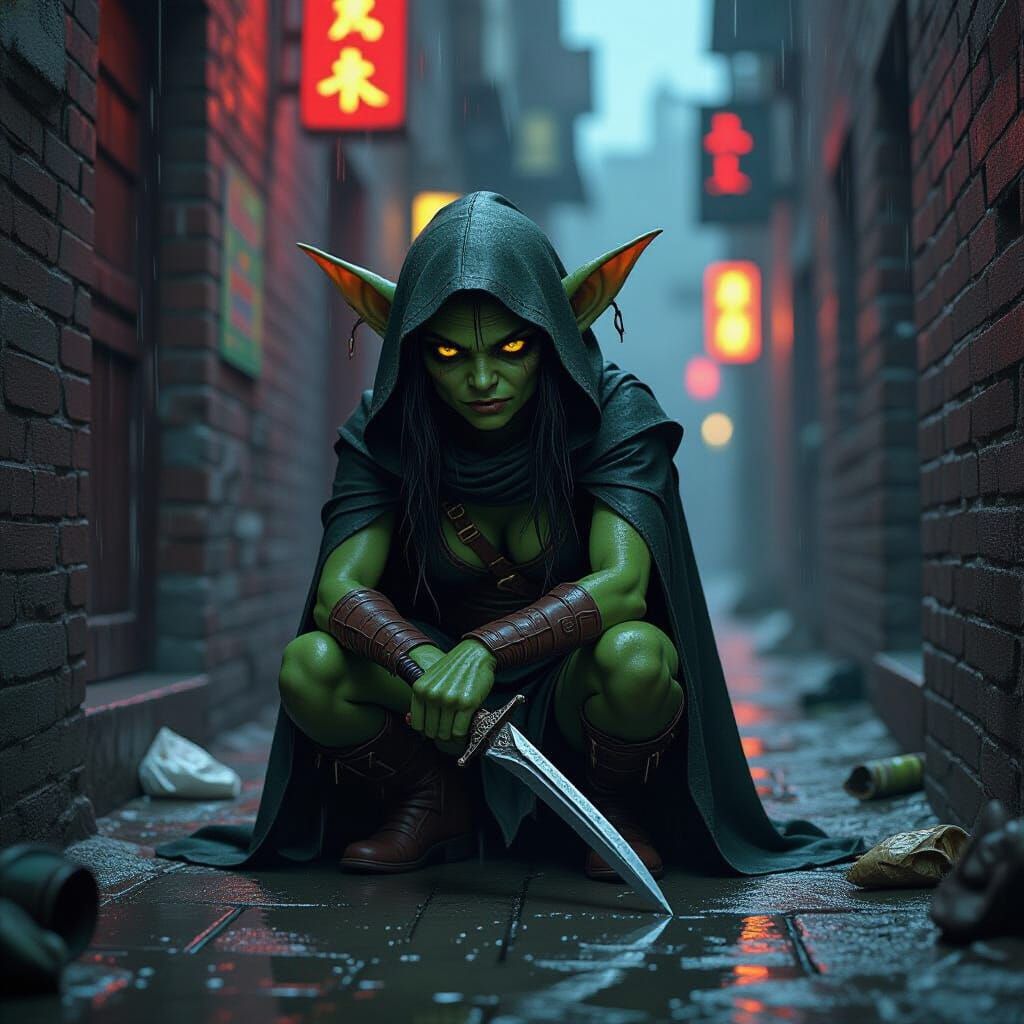 Goblin Lurking in Neon-lit Alleyway