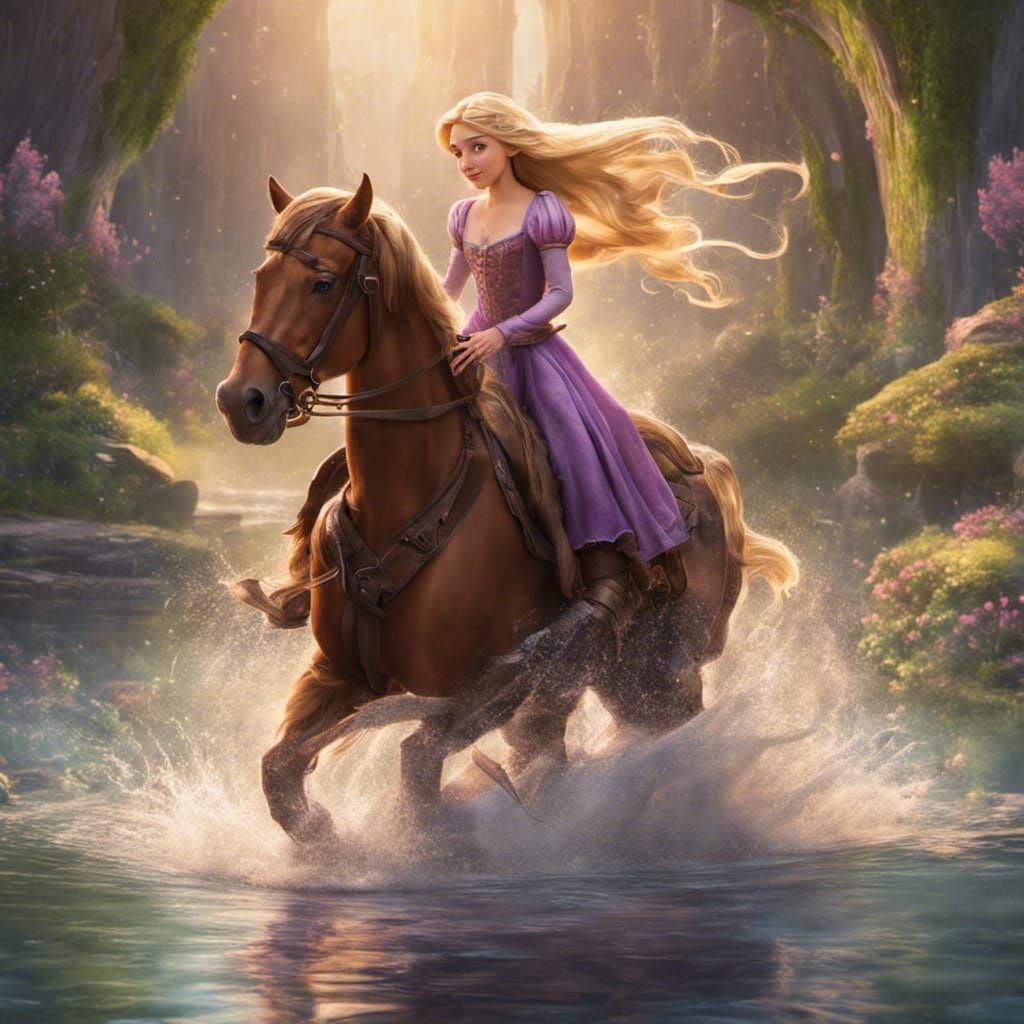 Rapunzel on Horseback in Dreamy Landscape