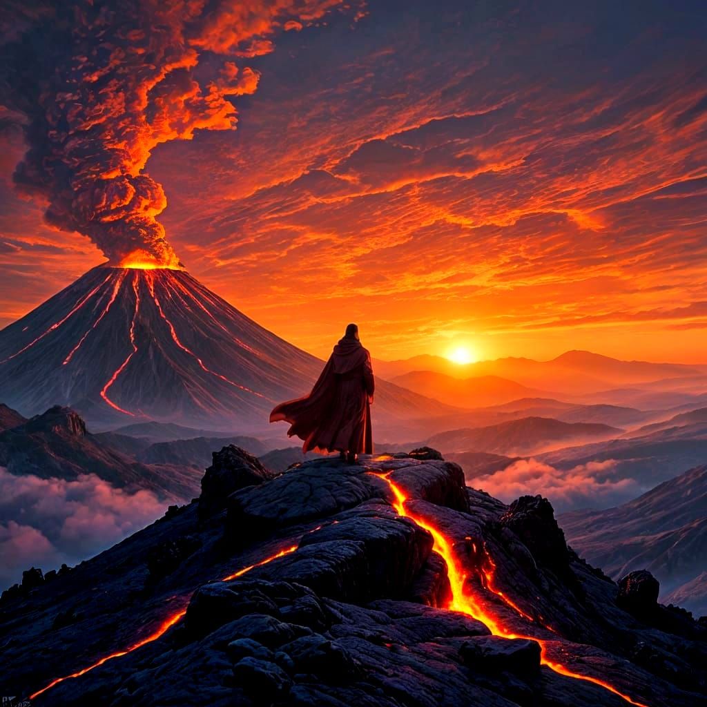 Volcanic Silhouette: Crimson Figure in Fiery Sunset