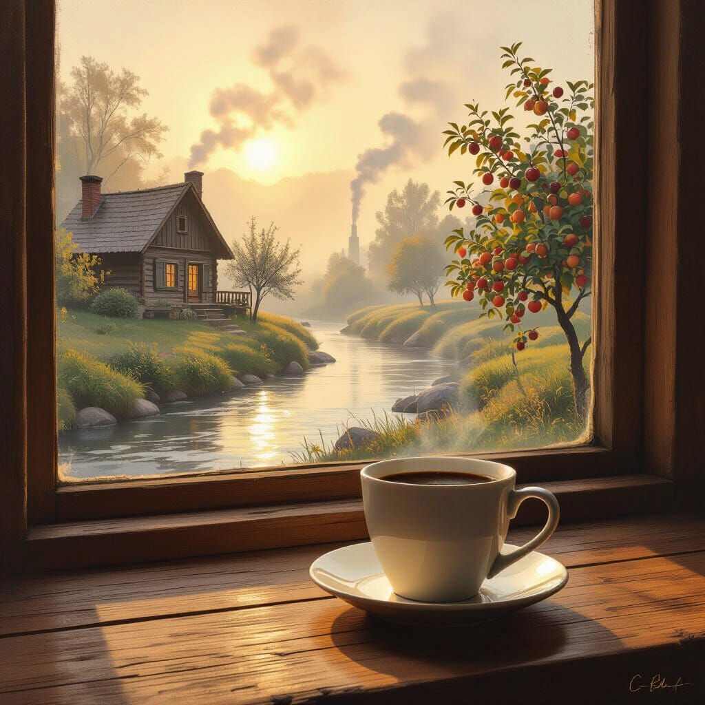 Tranquil Cabin Scene with Coffee in Painterly Style