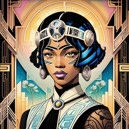 Classic Art Deco Portrait in Flowery Pastel Colors