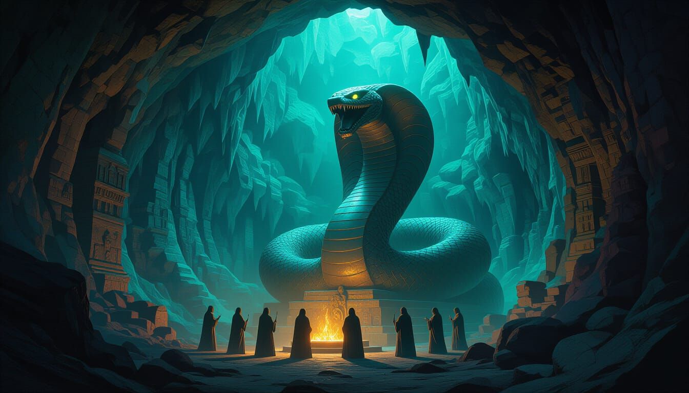 Serpent Cult Ritual In Luminous Multi-Layered Caverns