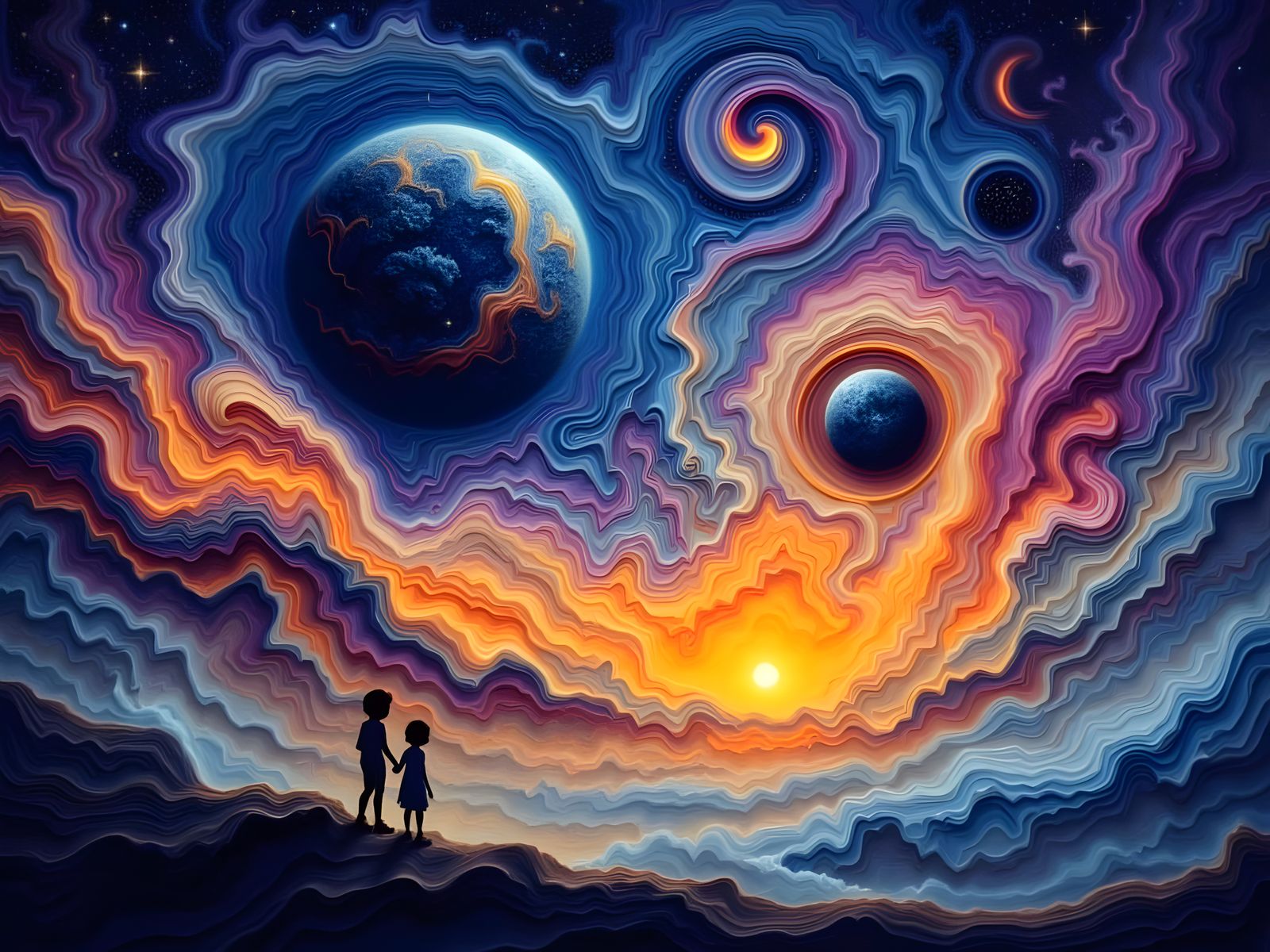 Child Gazing at Cosmic Nebula Under Golden Moon