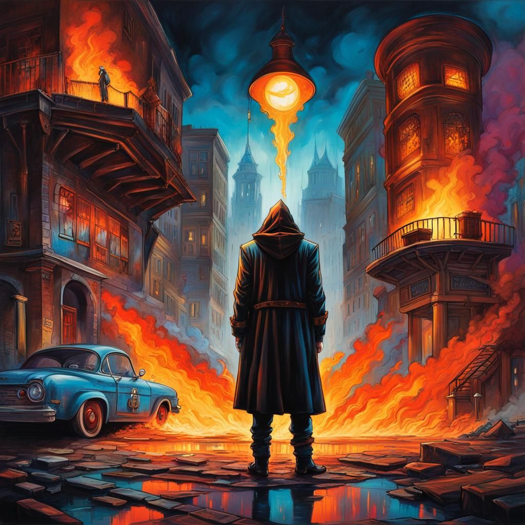 Steampunk Hooded Figure Overlooks Burning Gotham