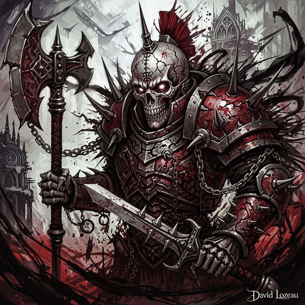 Grimdark Tattoo Art: Skeletal Figure in Bold Colors