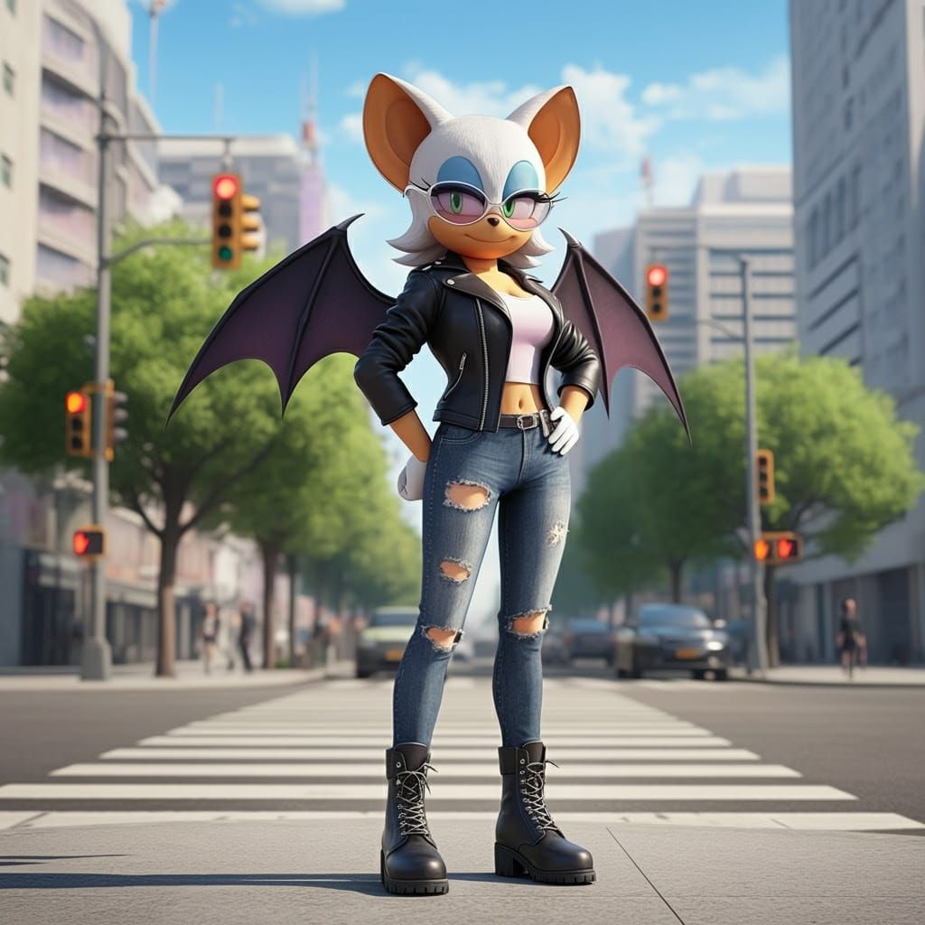 Sleek Rouge the Bat in Casual Streetwear, Anime-Inspired