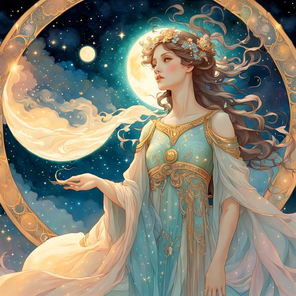 Celestial Goddess in Ethereal Art Nouveau Style