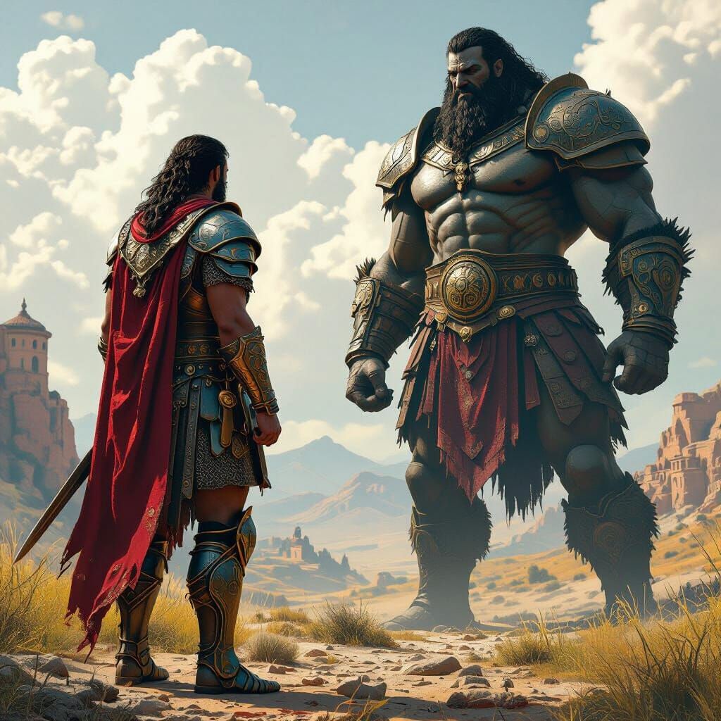 David and Goliath Face Off in Ancient Landscape