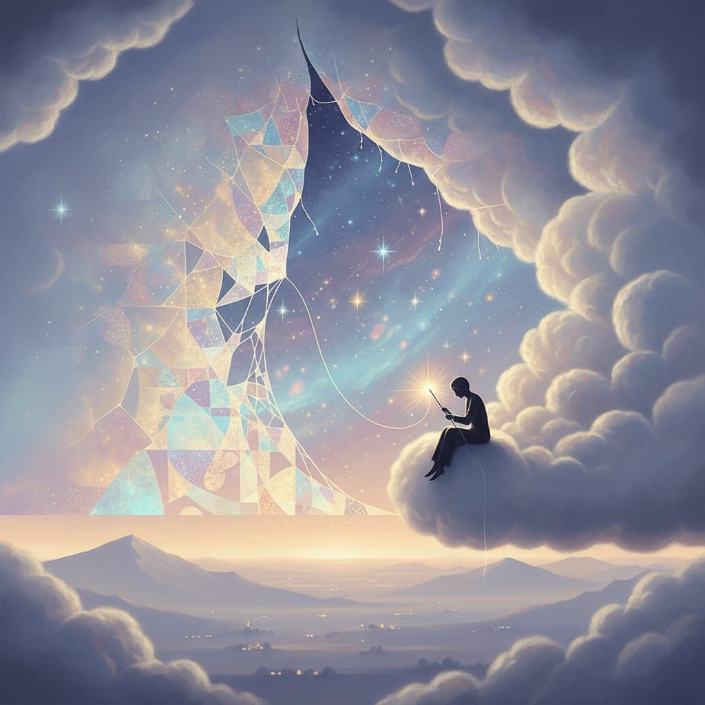 Figure Mends Sky Tear on Cloud with Light Threads