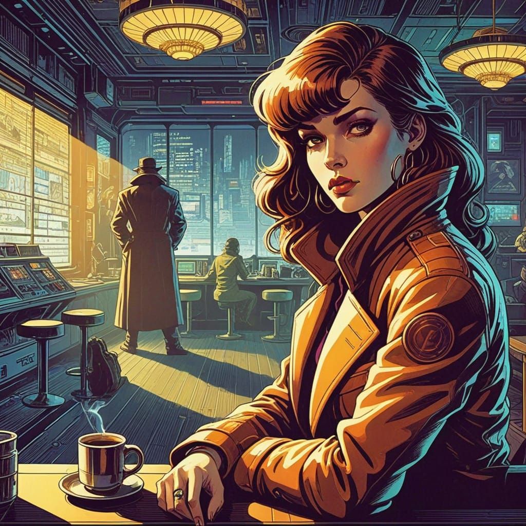 Cyberpunk Detective in Futuristic Café