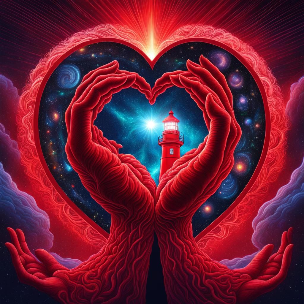 Surreal Lighthouse Heart Brain Holographic Illustration