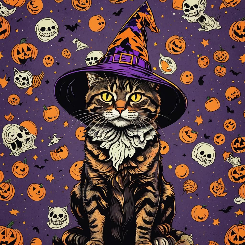 Halloween Cat in Pop Art Style with Witch Hat