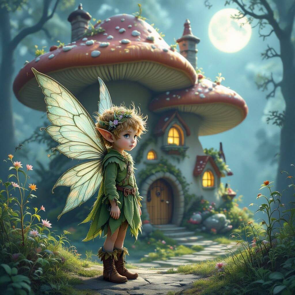 Pixie Boy in Whimsical Mushroom Village, Dreamy Art
