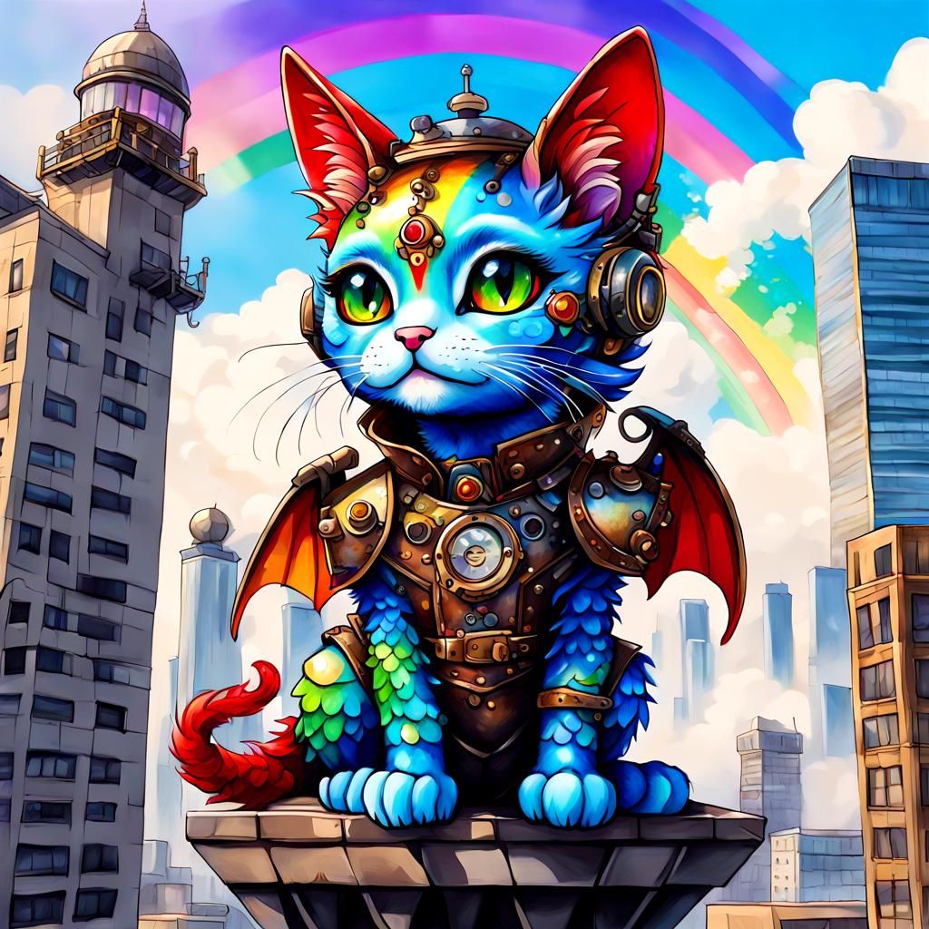Steampunk Rainbow Cat-Dragon Hybrid in Cloud City