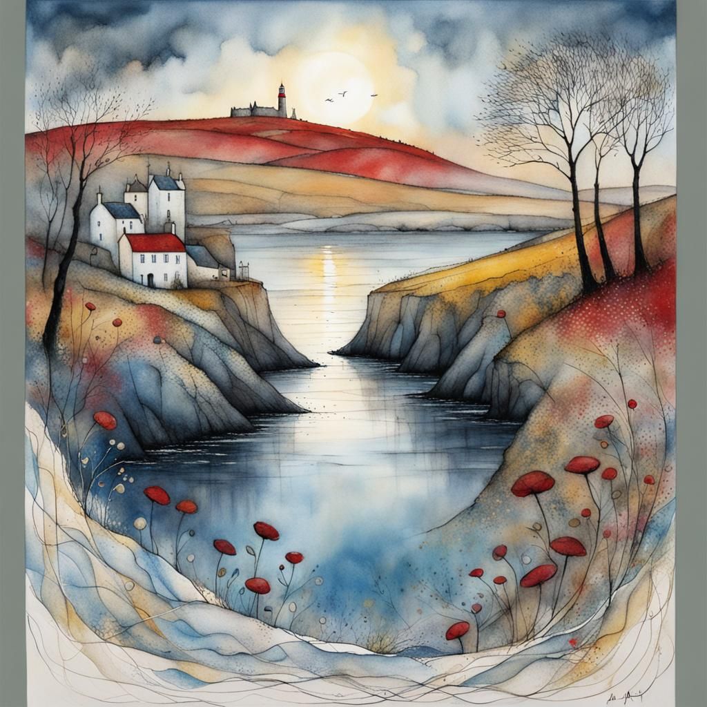 Misty Seaside Sunrise: Whimsical Colorful Illustration