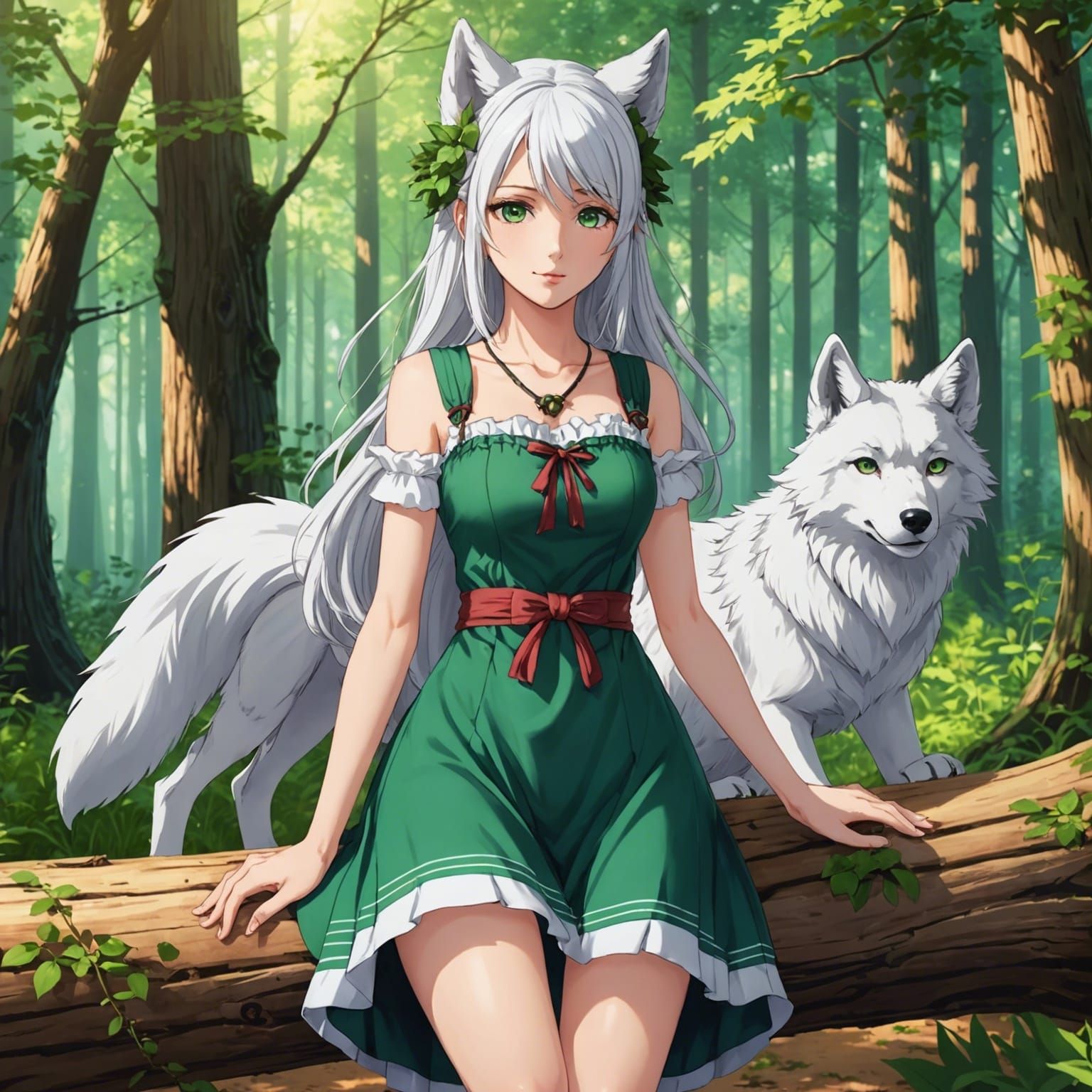 Anime Woman with Wolf Features in Woods