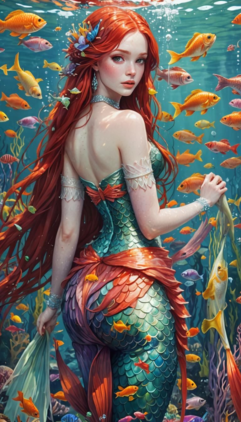 Young Red-Haired Mermaid Swimming Underwater