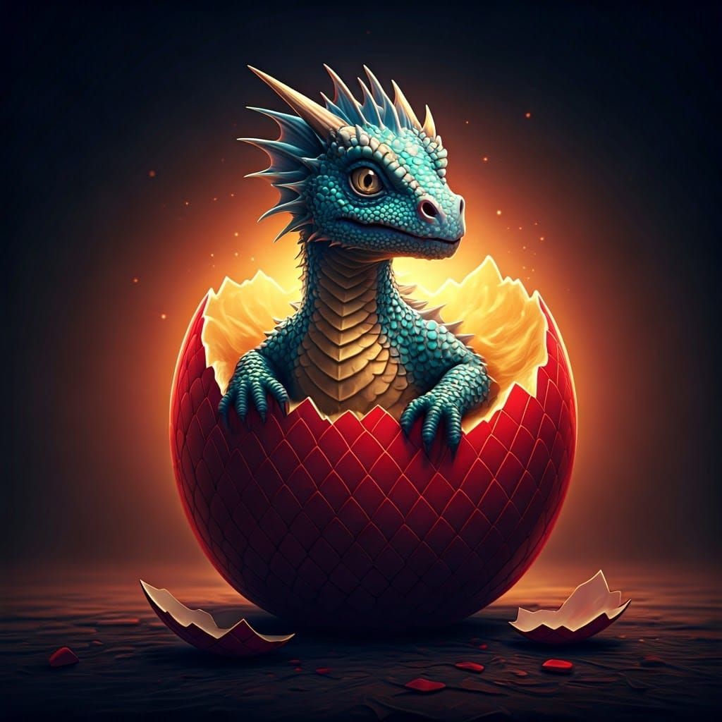 Iridescent Dragon Hatching from Cake Egg in Digital Art Styl...