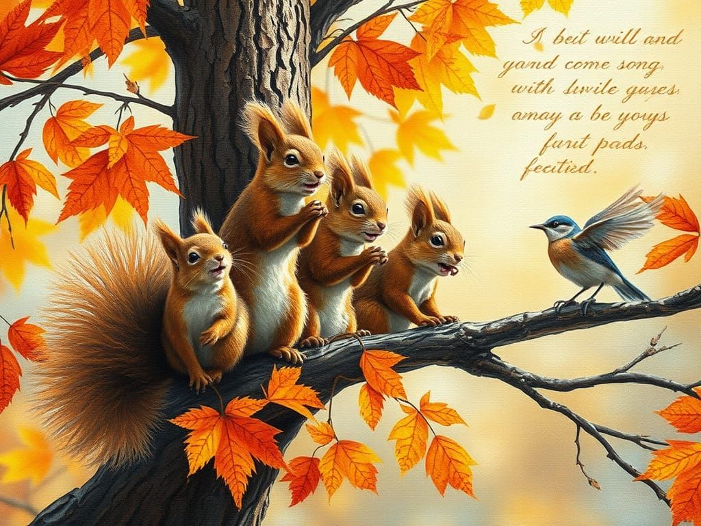 Squirrels and Singing Bird in Autumn Tree