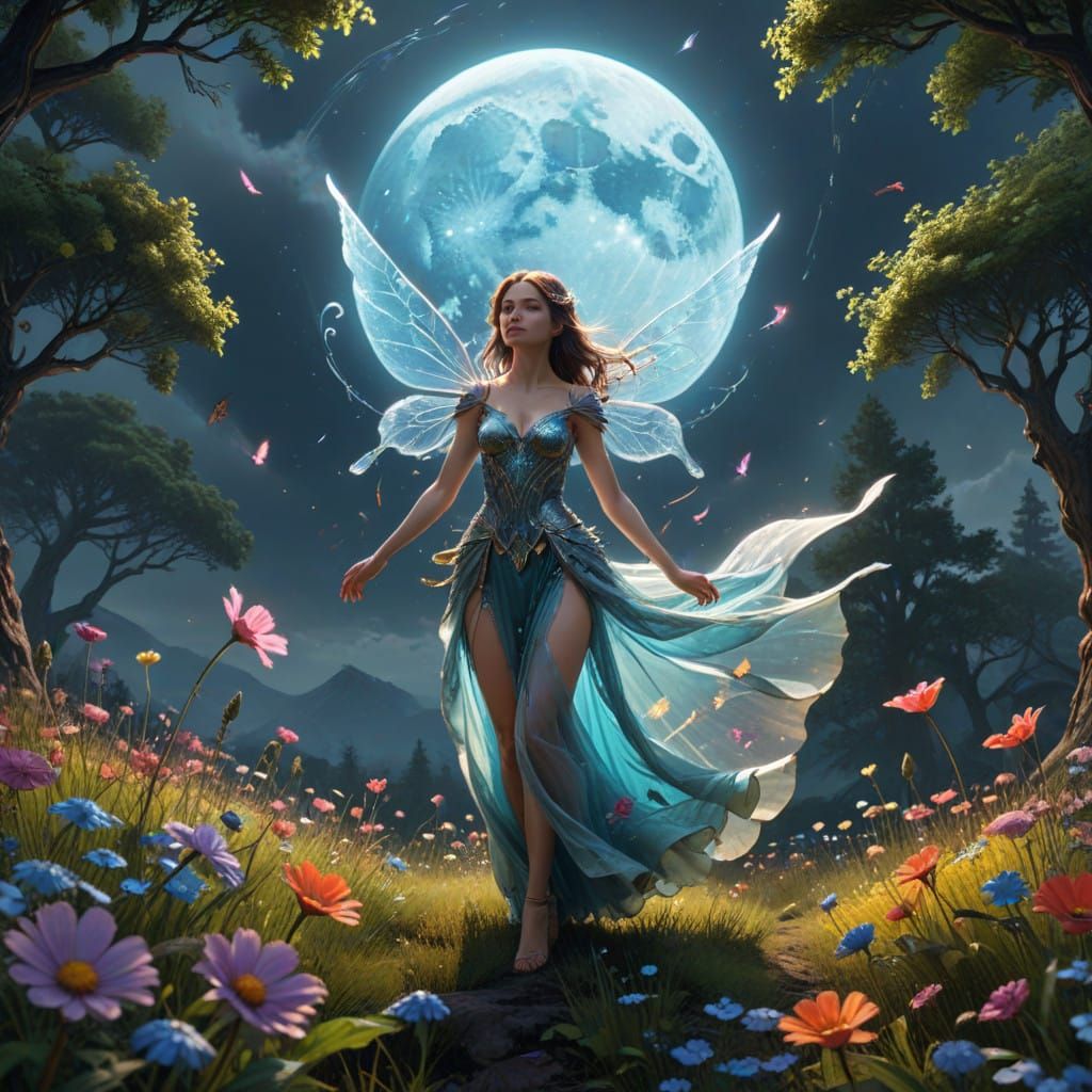 Ethereal Fairy Dances Among Luminous Moonlit Blooms