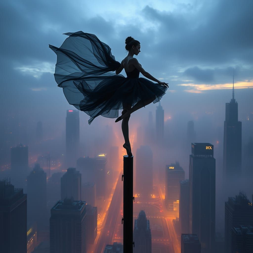 Ballerina in Dark Metropolis, Fantasy Art Style