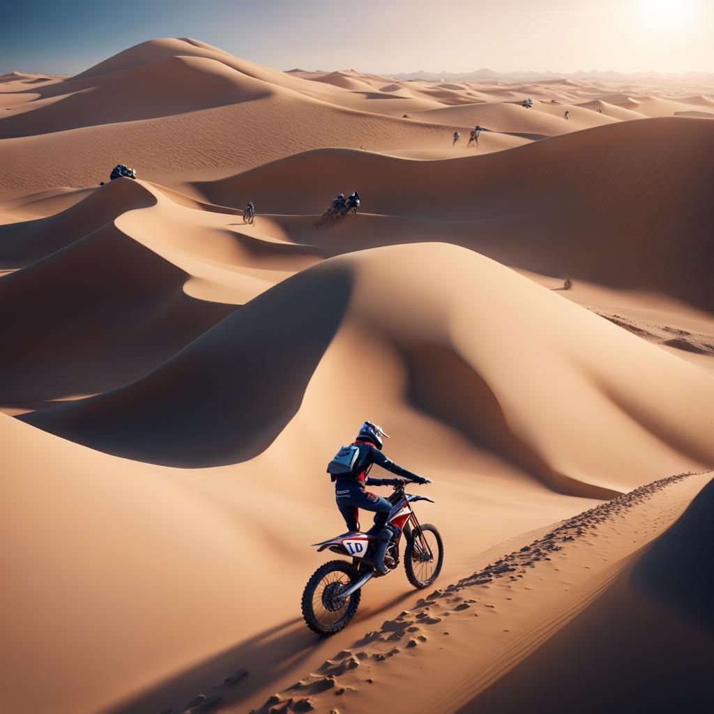 Motocross Racer Versus Camel Caravan in Matte Painting Style