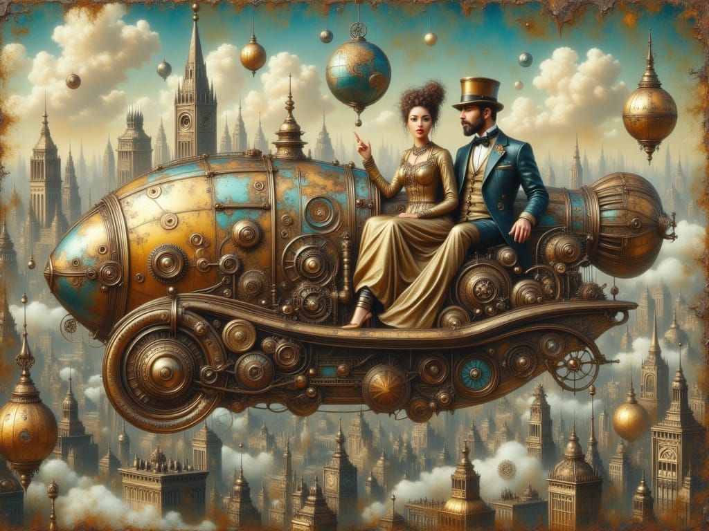 Elegant Steampunk Couple Soars Above a Retro-Futuristic City...