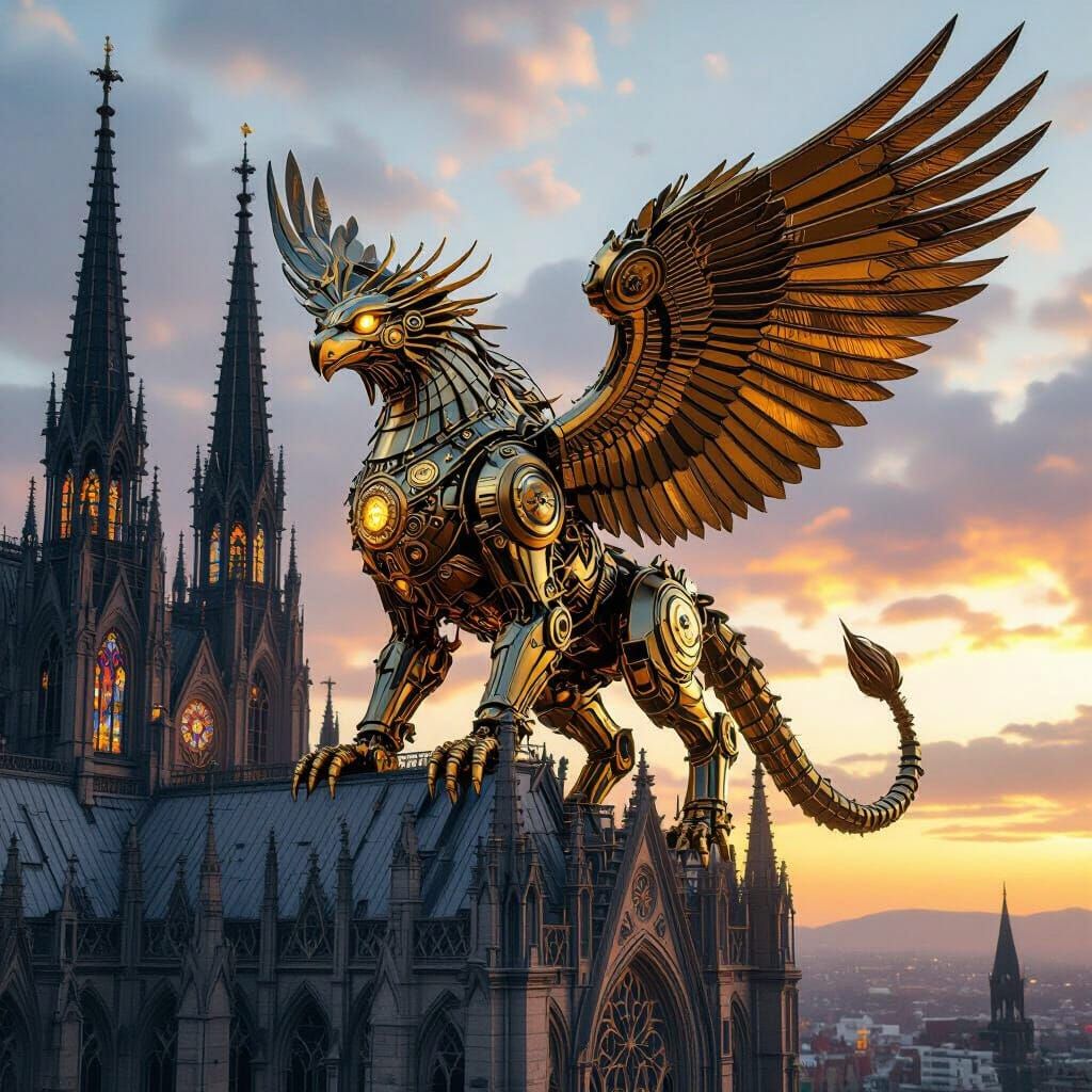 Steampunk Griffin on Gothic Cathedral, Detailed Illustration