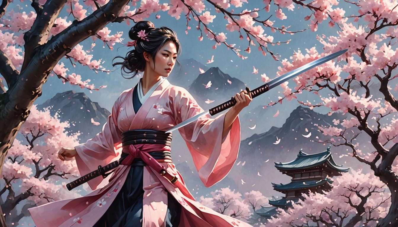 Samurai Woman with Cherry Blossoms in Anime Style