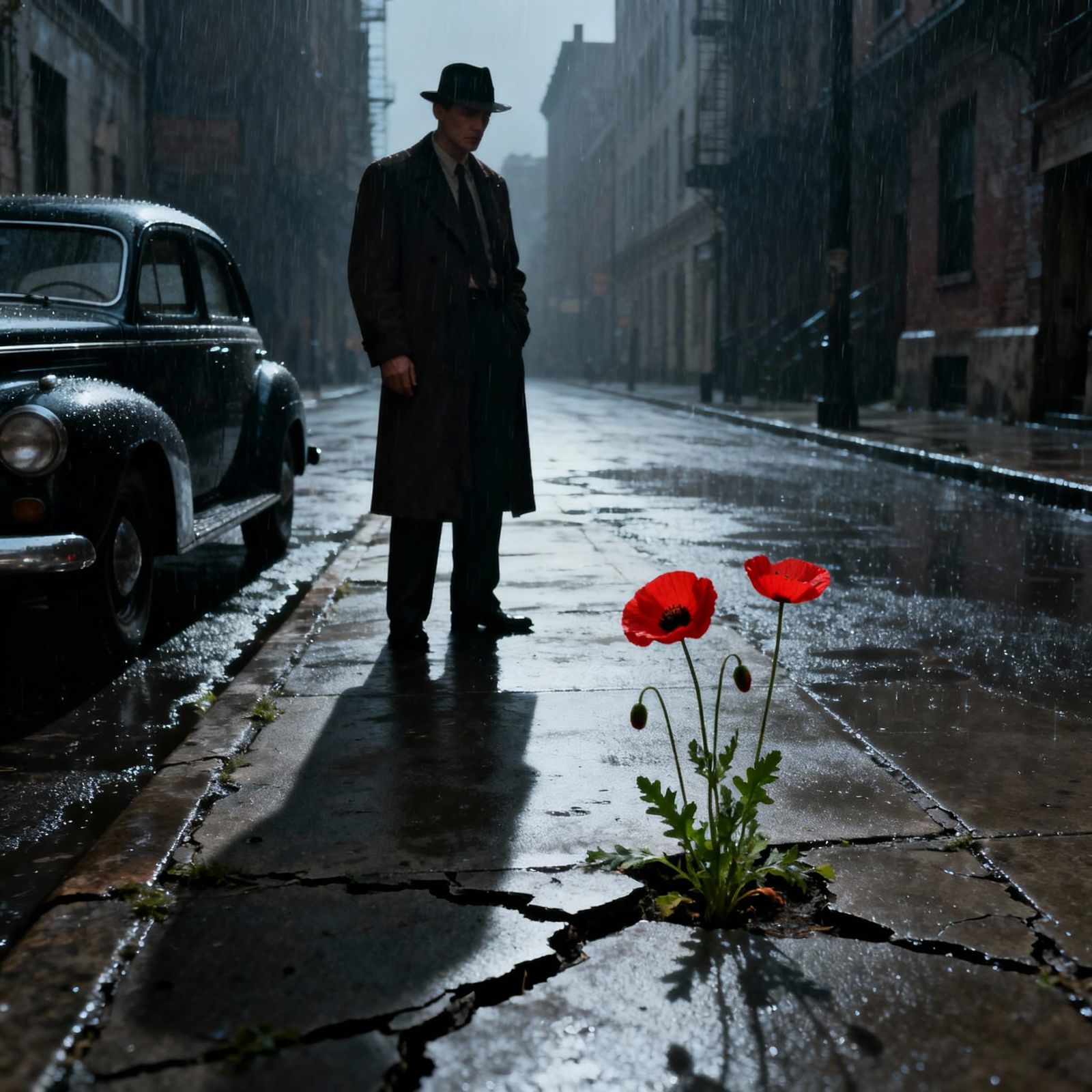 Film Noir Detective on Rainy Street with Unnatural Poppies
