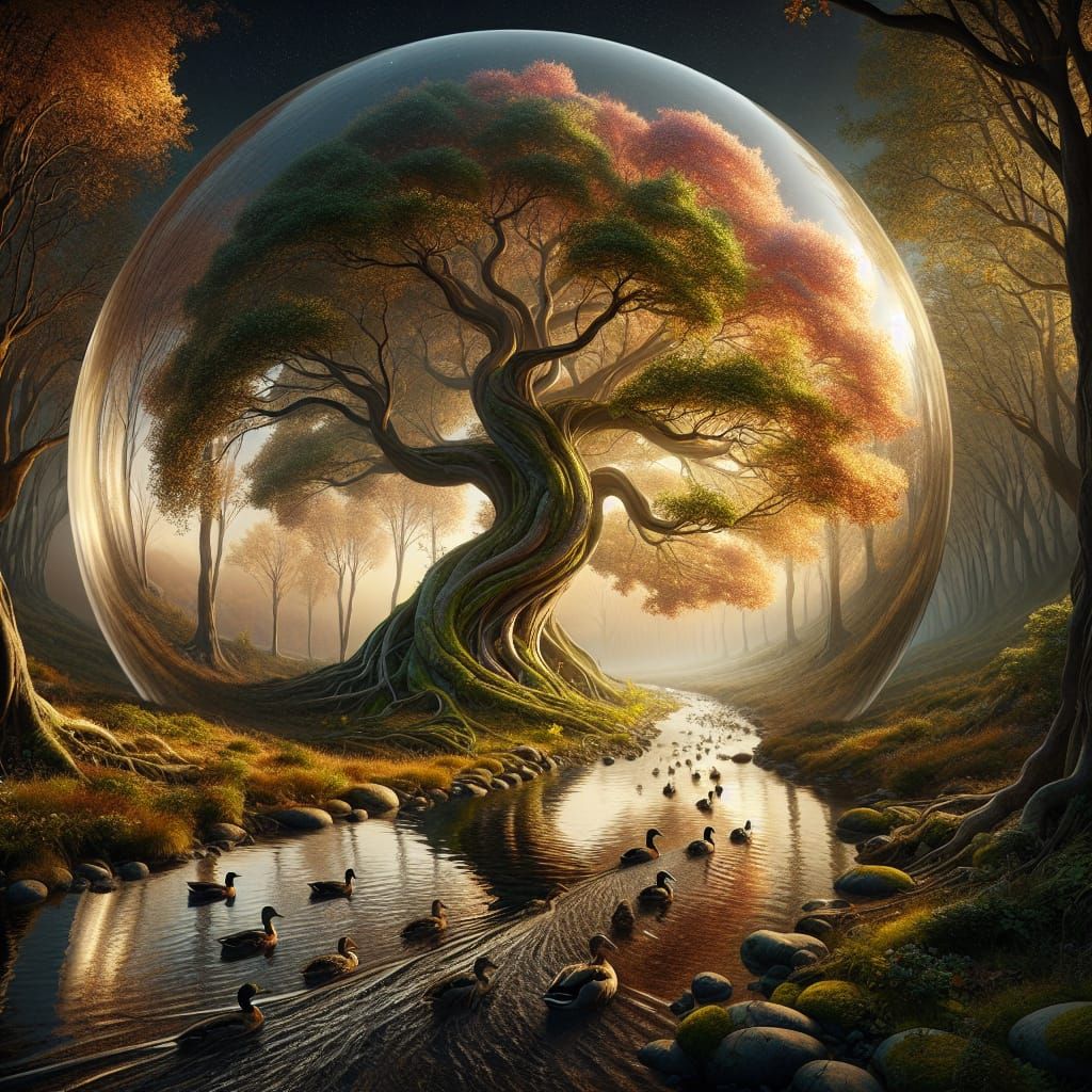 Ethereal Autumn Tree in Glass Dome Fantasy