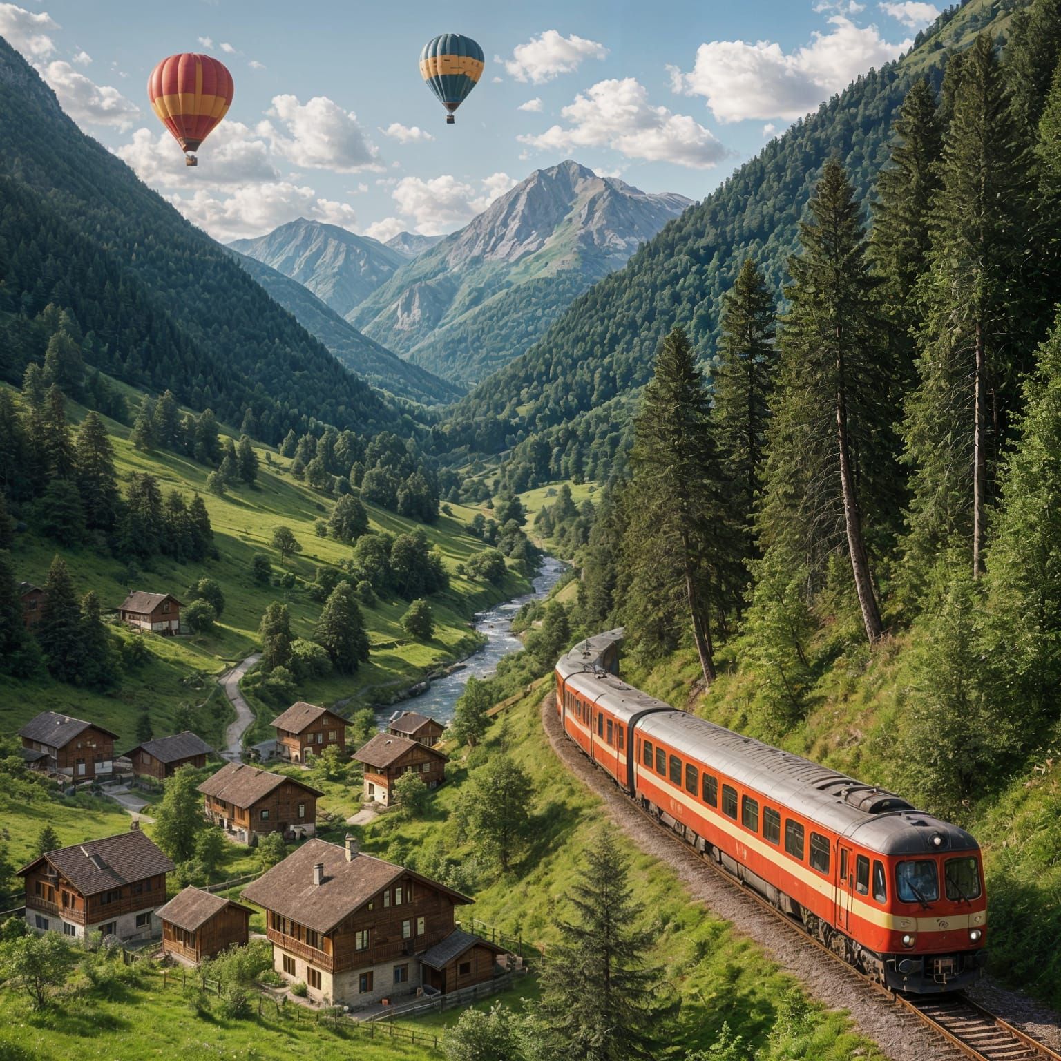 Serene Swiss Panorama with Train, Trees, and Hot Air Balloon...