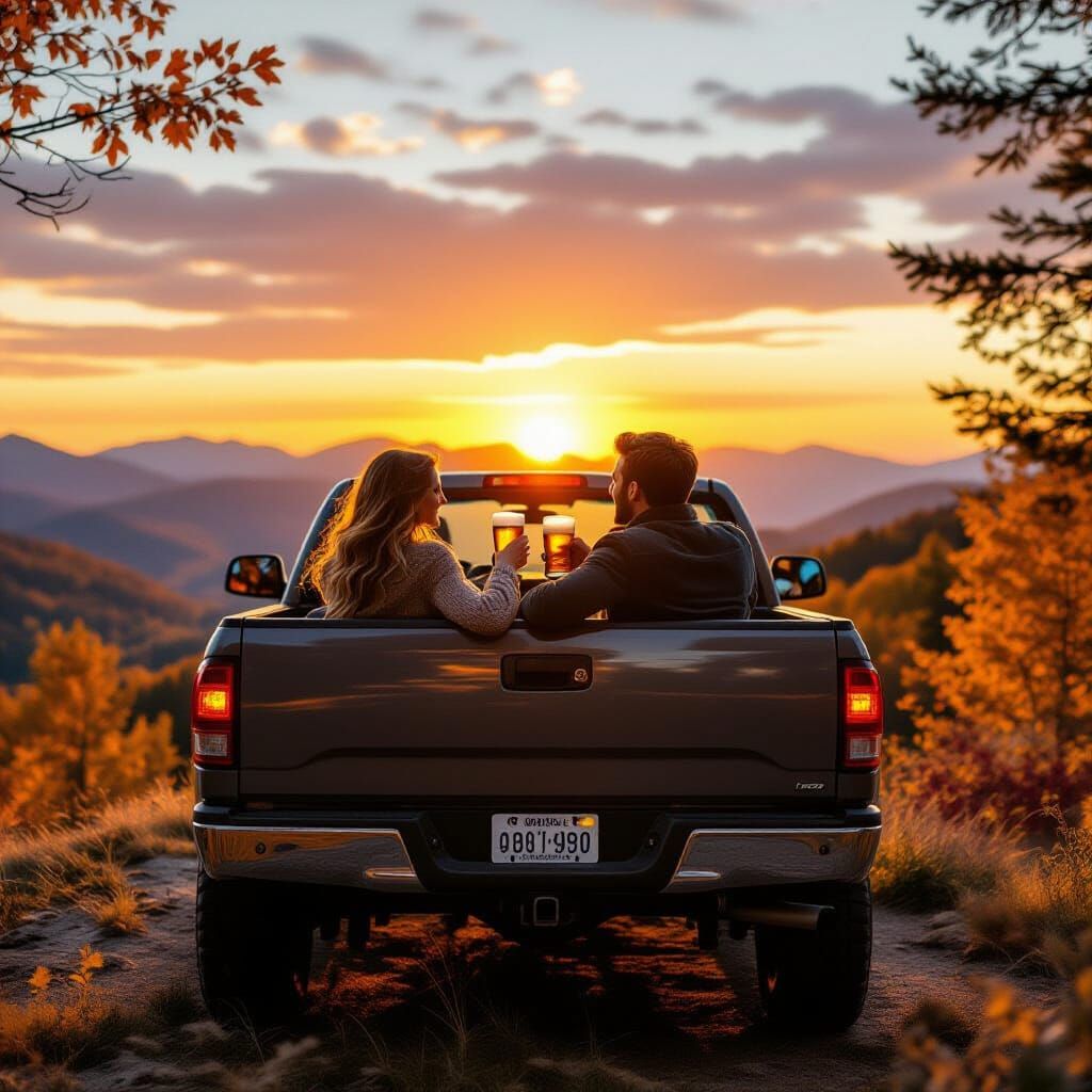 Romantic Autumn Sunset: Couple in Truck