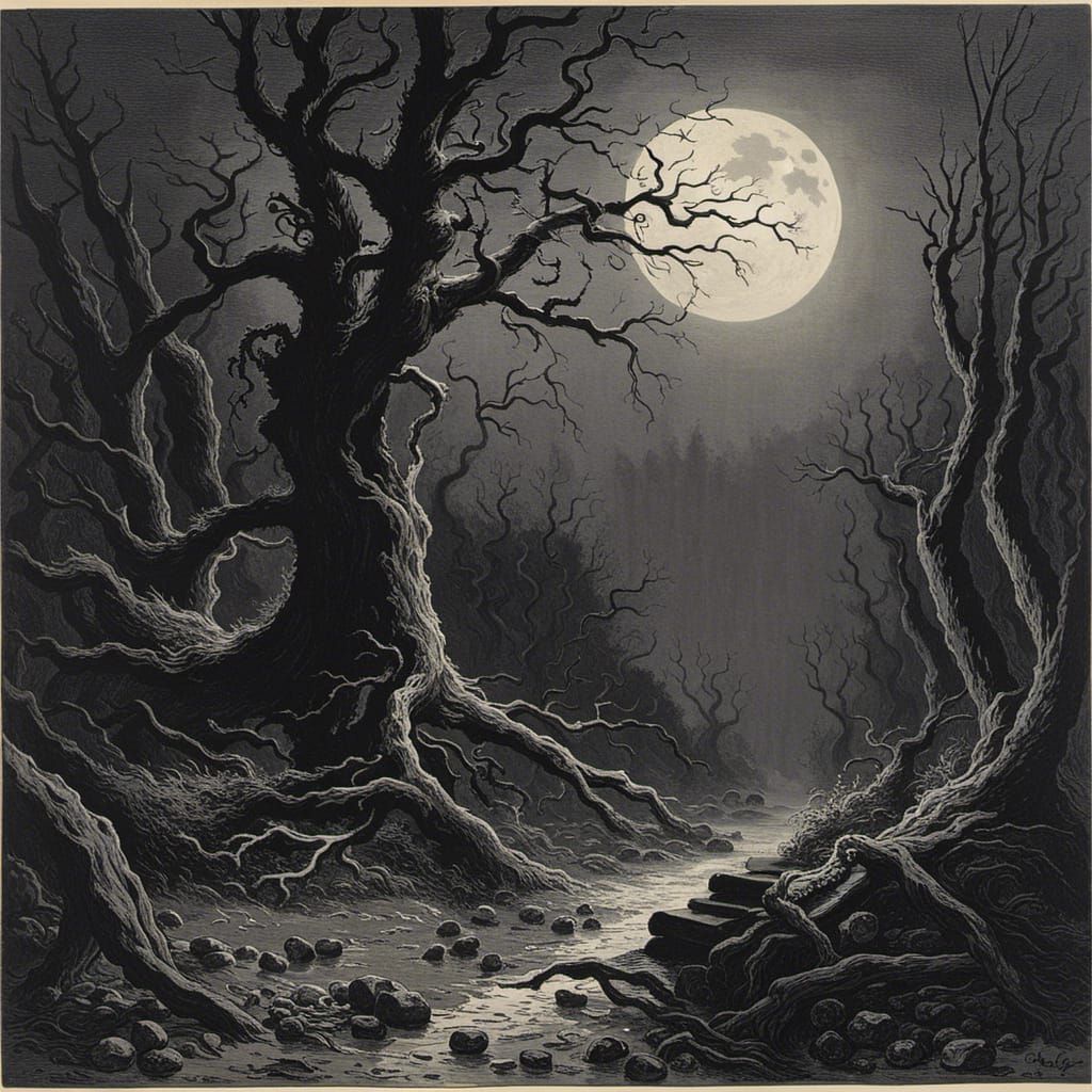 Creepy Forest Trail in Moonlight, Doré Style