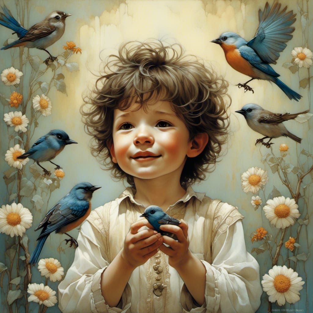 Boy Sings with Bird, Surreal Naive Art