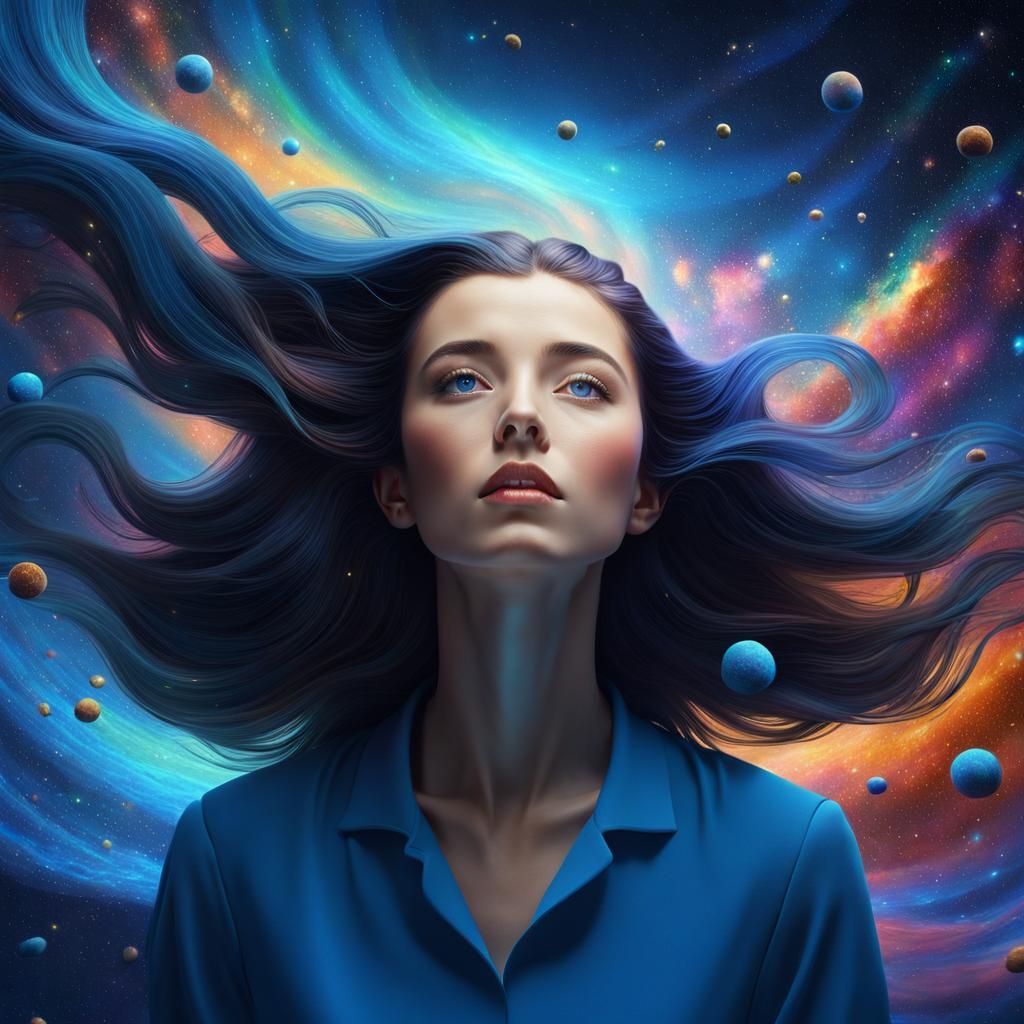 Surreal Space Portrait of Woman in Zero Gravity
