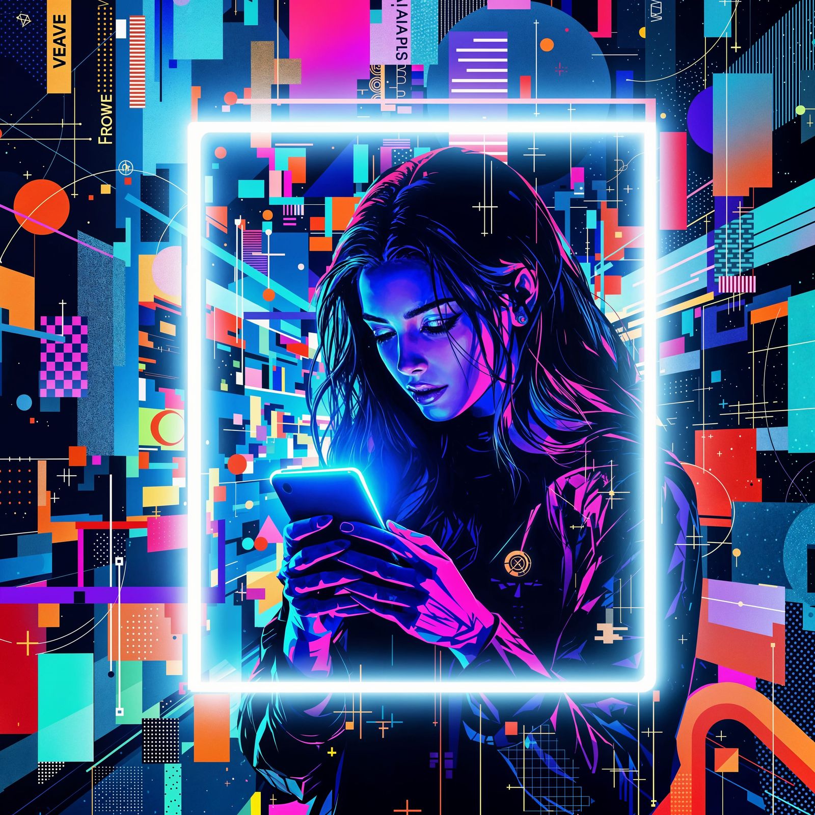 Cyberpunk Digital Goddess Engages with Smartphone