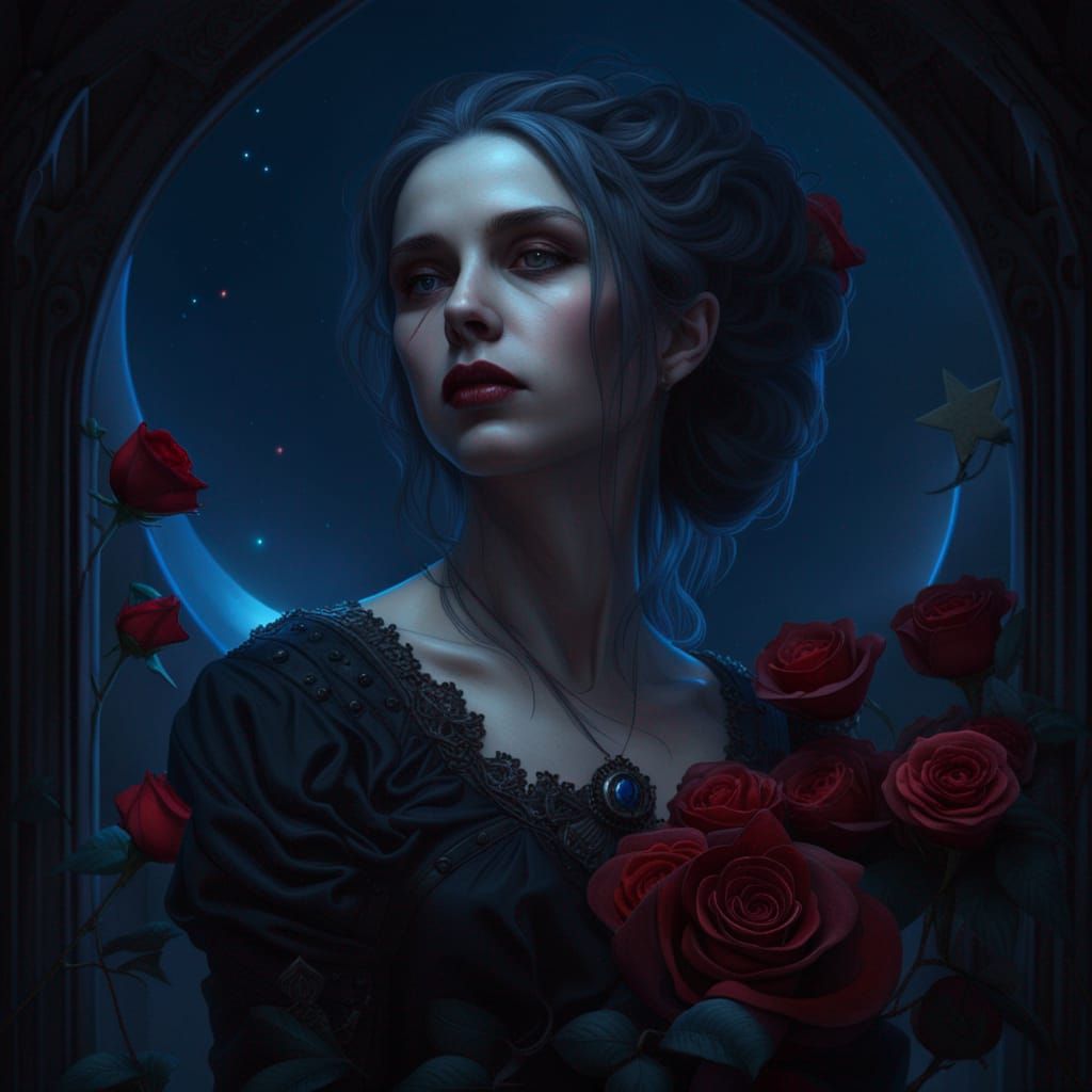 Eerie Gothic Portrait of Sad Woman with Roses