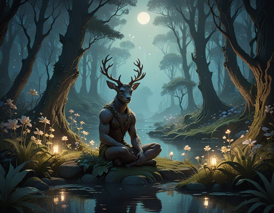 Faun in Bioluminescent Forest Clearing - Concept Art