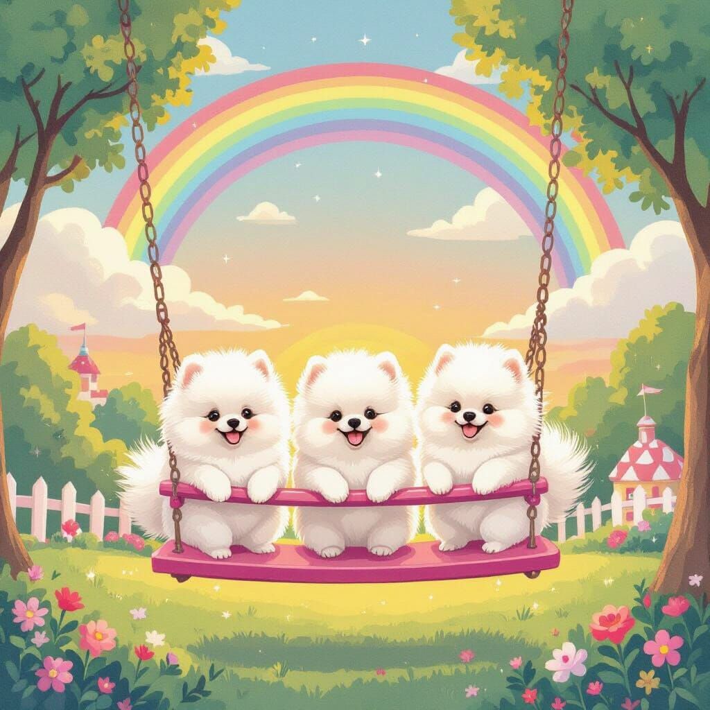 Pomeranians on Pink Swing in Candy Land at Sunset