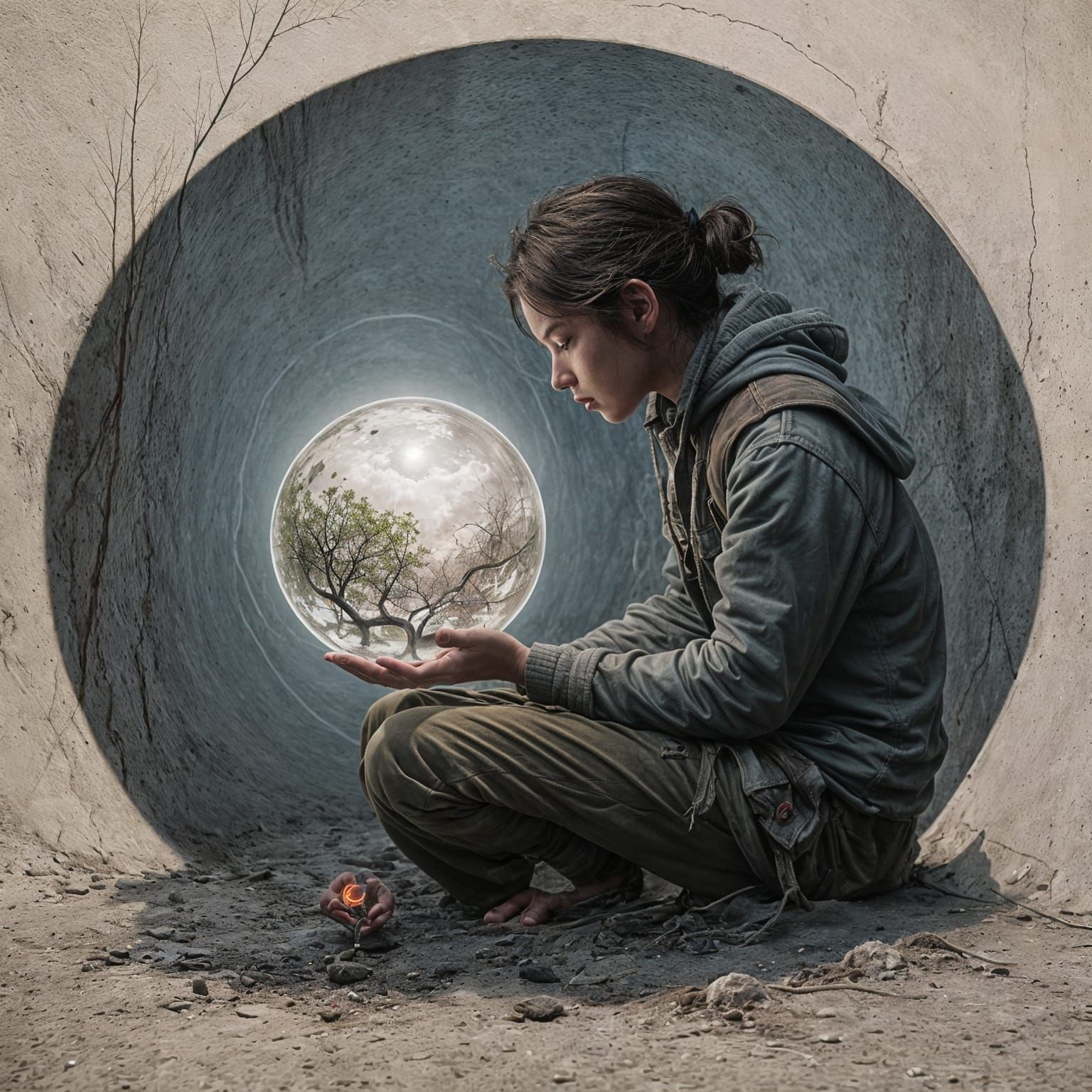 Teenager with Glowing Sphere in Barren Wasteland