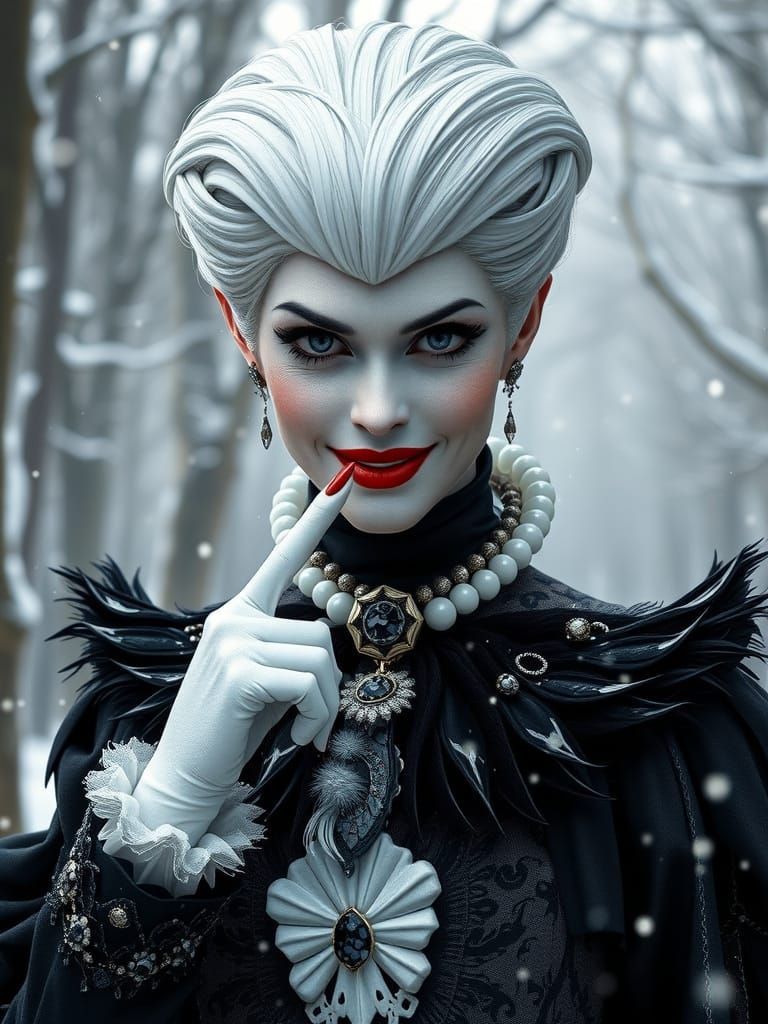 Cruella's Evil Smile in a Snowy Forest