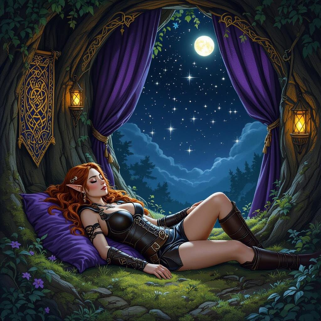 Elf Rogue Napping in Enchanted Treehouse