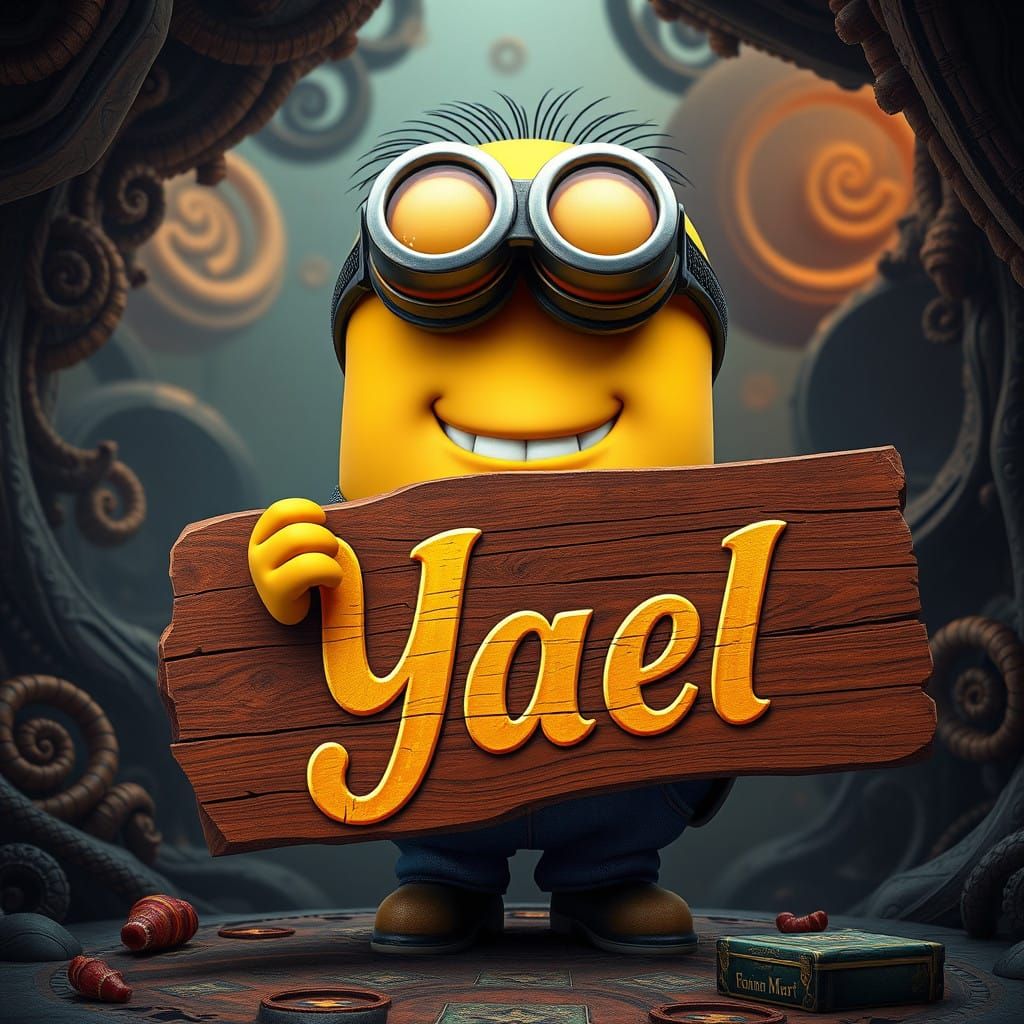 Vibrant Minion in Mystical Landscape, Holding Sign with Curs...