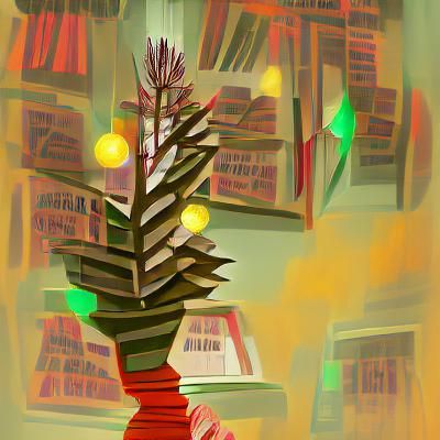 Christmas Tree in Old Bookstore: Digital Illustration
