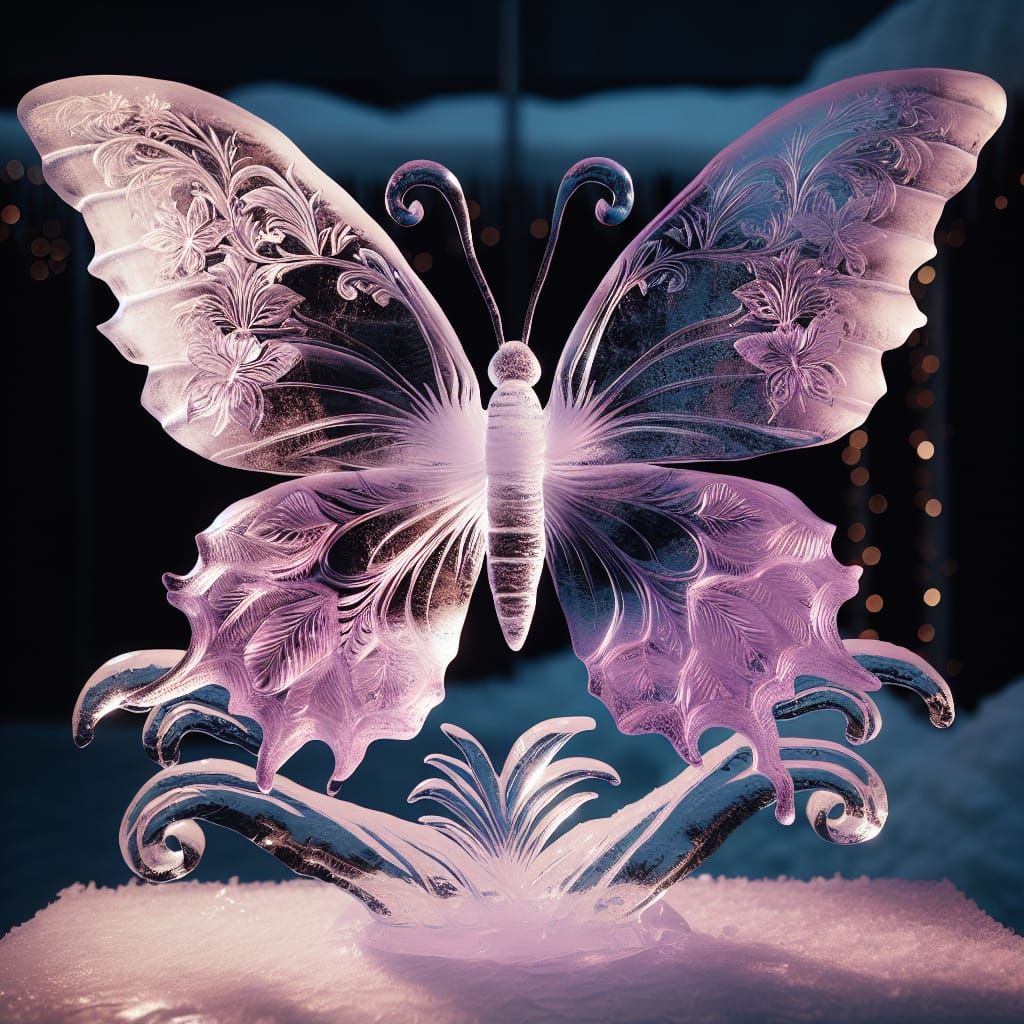 Lilac Butterfly Ice Sculpture in Intricate Perch