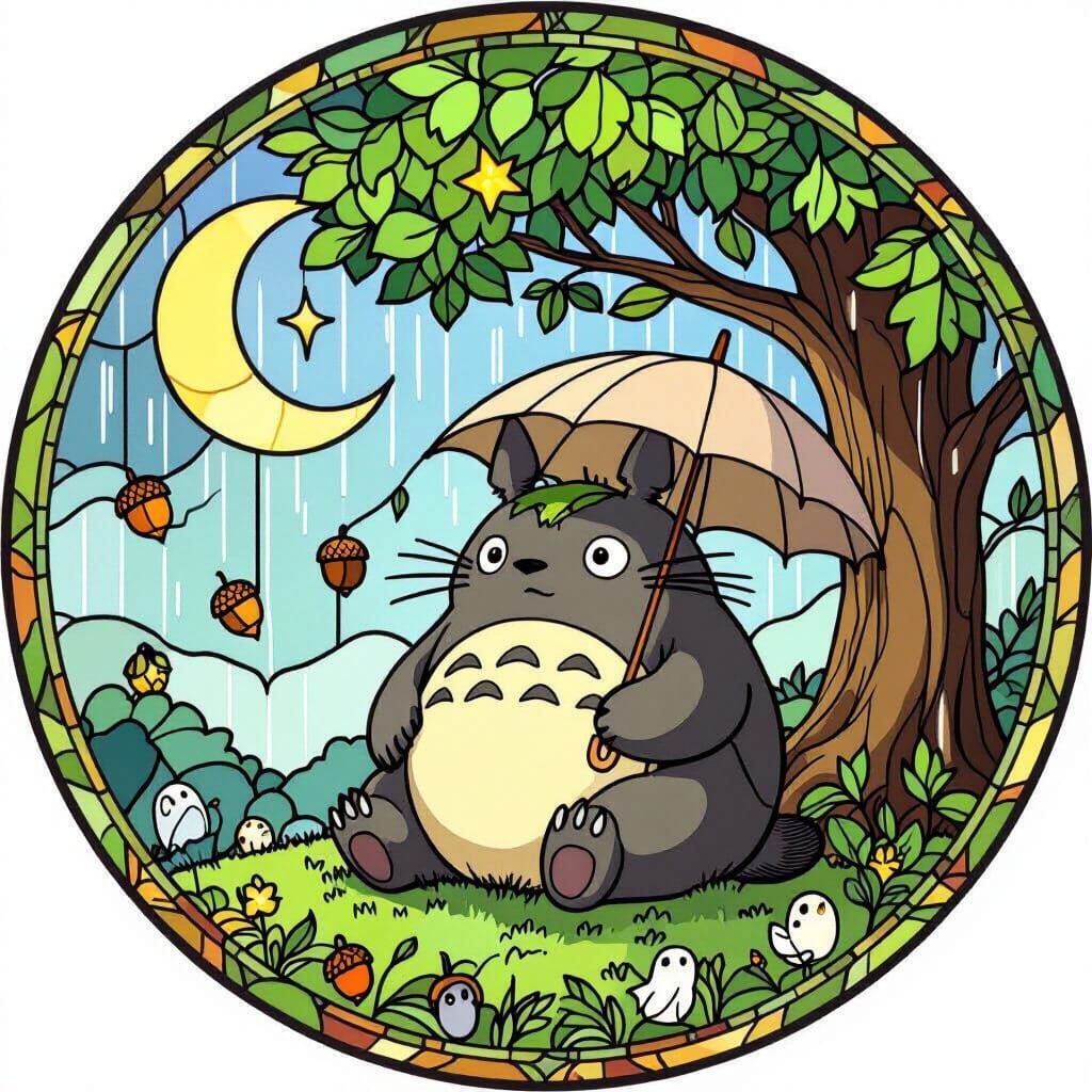 Totoro Stained Glass Art Nouveau Illustration