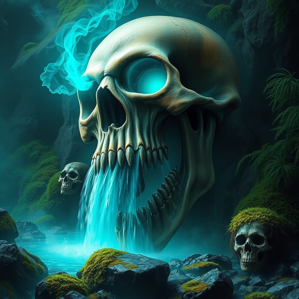 Ethereal Skull Surrounded by Turquoise Waterfall in a Dark, ...