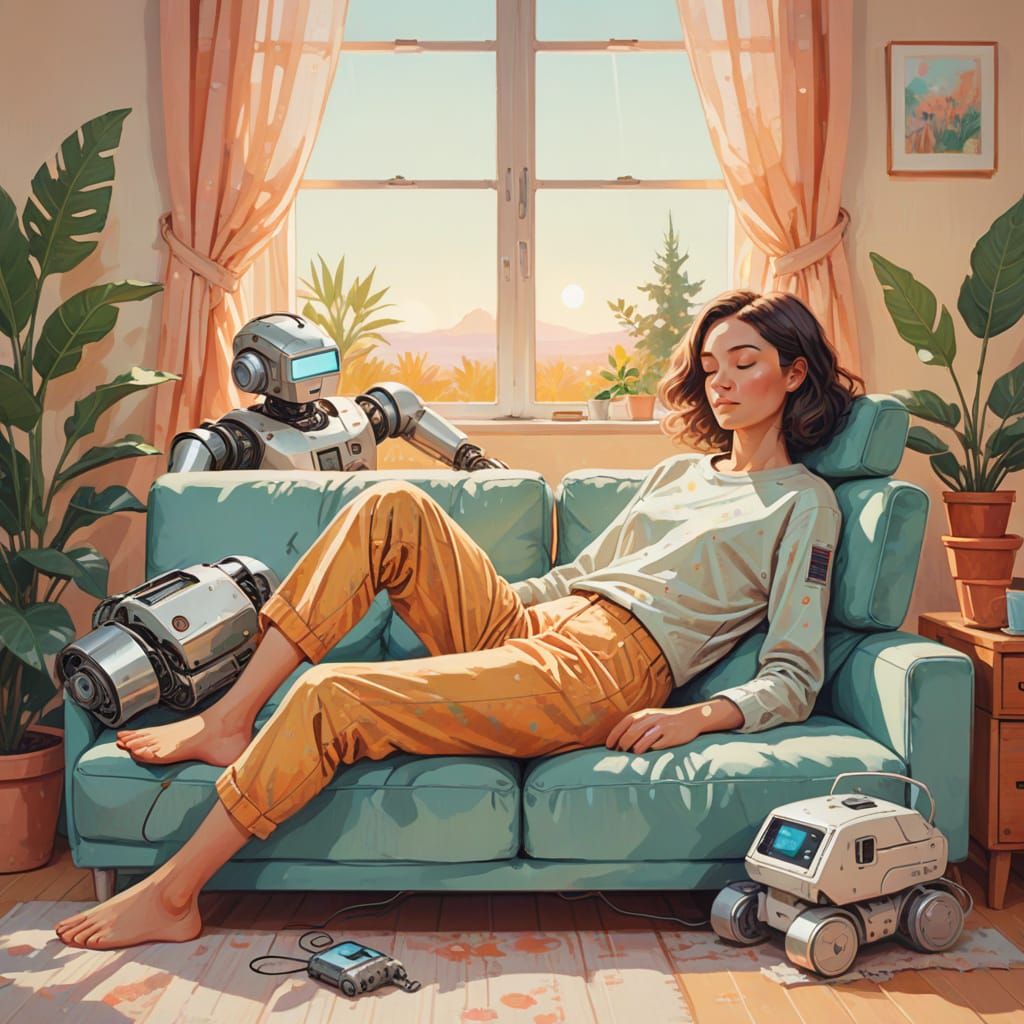 Cozy Whimsy: Woman and Robot in a Hygge Haven