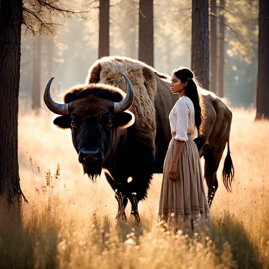 Native American Teenager and Buffalo in Golden Meadow